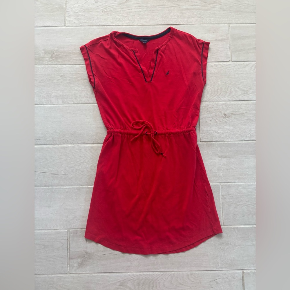 Nautica Red Drawstring Waist Tee Dress